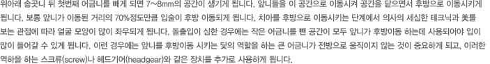 위아래 송곳니 뒤 첫번째 어금니를 빼게 되면 7~8mm의 공간이 생기게 됩니다. 앞니들을 이 공간으로 이동시켜 공간을 닫으면서 후방으로 이동시키게 됩니다. 보통 앞니가 이동된 거리의 70%정도만큼 입술이 후방 이동되게 됩니다. 치아를 후방으로 이동시키는 단계에서 의사의 세심한 테크닉과 美를 
보는 관점에 따라 얼굴 모양이 많이 좌우되게 됩니다. 돌출입이 심한 경우에는 작은 어금니를 뺀 공간이 모두 앞니가 후방이동 하는데 사용되어야 입이 
많이 들어갈 수 있게 됩니다. 이런 경우에는 앞니를 후방이동 시키는 닻의 역할을 하는 큰 어금니가 전방으로 움직이지 않는 것이 중요하게 되고, 이러한 
역하을 하는 스크류(screw)나 헤드기어(headgear)와 같은 장치를 추가로 사용하게 됩니다.