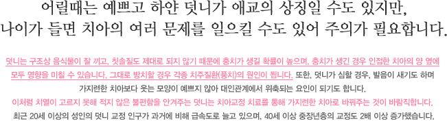 어릴때는 예쁘고 하얀 덧니가 애교의 상징일 수도 있지만,
나이가 들면 치아의 여러 문제를 일으킬 수도 있어 주의가 필요합니다.
덧니는 구조상 음식물이 잘 끼고, 칫솔질도 제대로 되지 않기 때문에 충치가 생길 확률이 높으며, 충치가 생긴 경우 인접한 치아의 양 옆에 
모두 영향을 미칠 수 있습니다. 그대로 방치할 경우 각종 치주질환(풍치)의 원인이 됩니다. 또한, 덧니가 심할 경우, 발으이 새기도 하며 
가지런한 치아보다 웃는 모양이 예쁘지 않아 대인관계에서 위축되는 요인이 되기도 합니다. 이처럼 치열이 고르지 못해 적지 않은 
불편함을 안겨주는 덧니는 치아교정 치료를 통해 가지런한 치아로 바꿔주는 것이 바람직합니다. 
최근 20세 이상의 성인의 덧니 교정 인구가 과거에 비해 급속도로 늘고 있으며, 40세 이상 중장년층의 교정도 2배 이상 증가했습니다.
